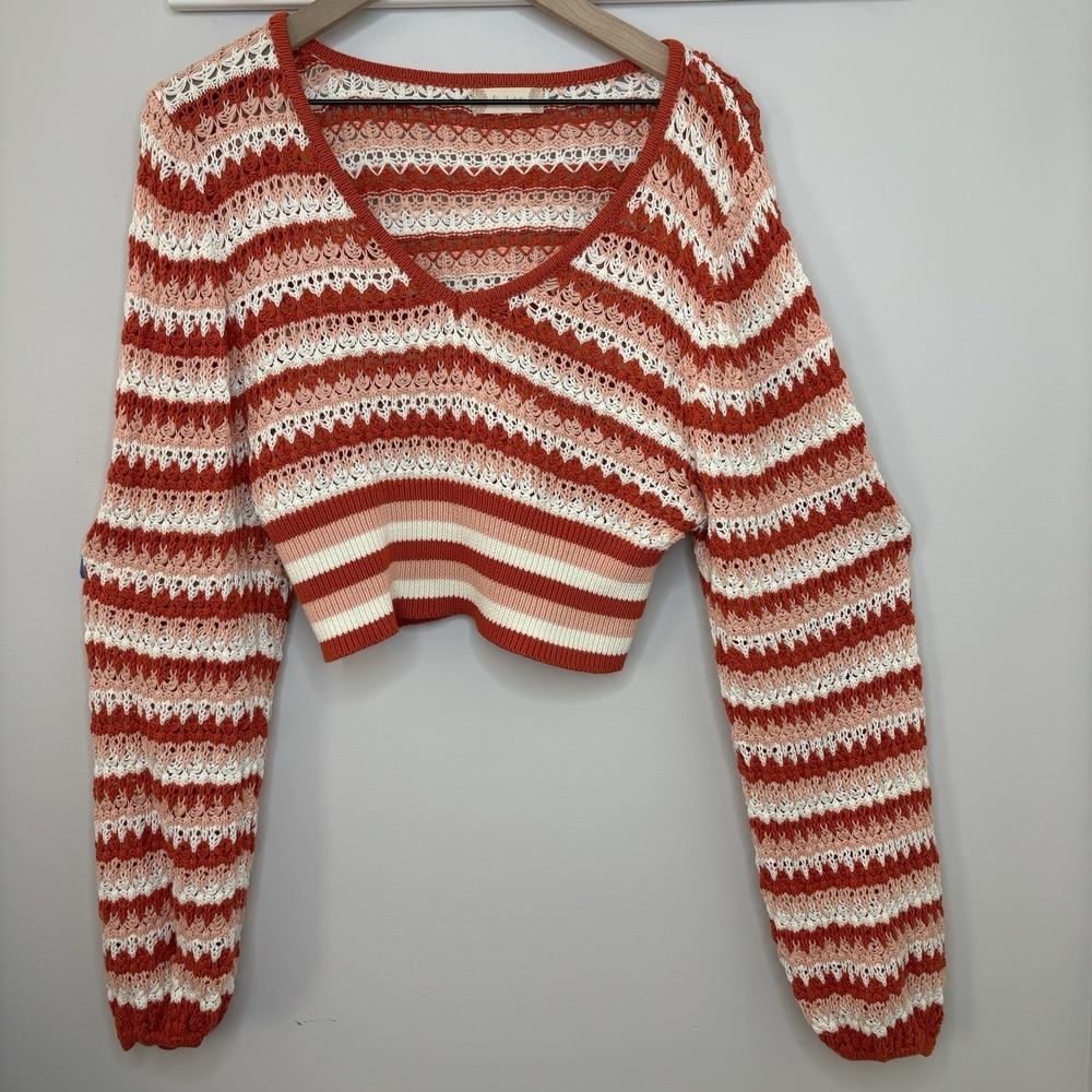 Alter'd State Crochet Sweater Briella Striped Cropped Knit Large Puff Sleeve